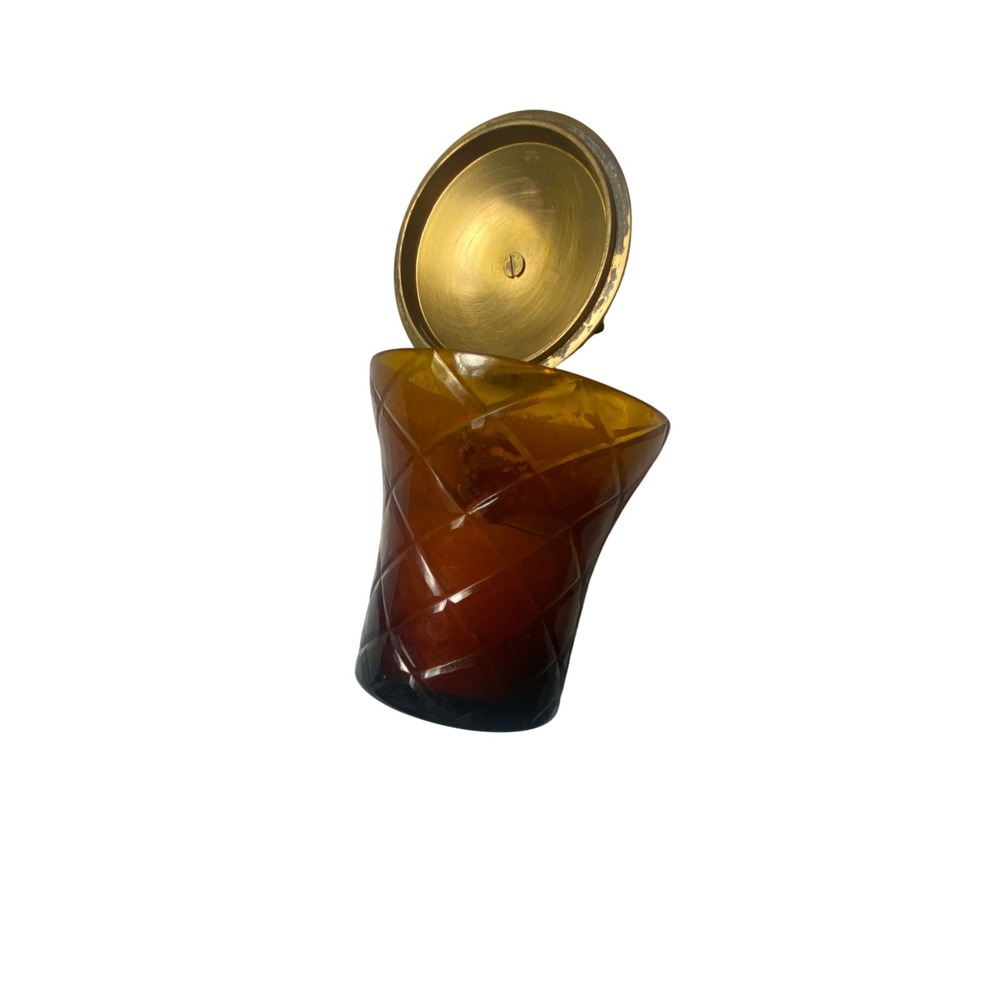 Vintage Amber Glass Twist Pattern Vase Brass Lid MCM Mid Century Modern